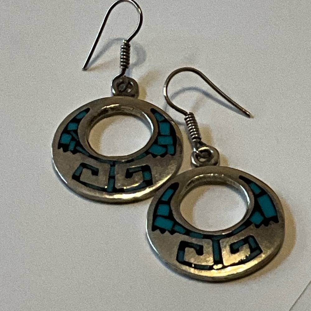 Sterling Silver Turquoise Inlay Aztec Design Earrings
